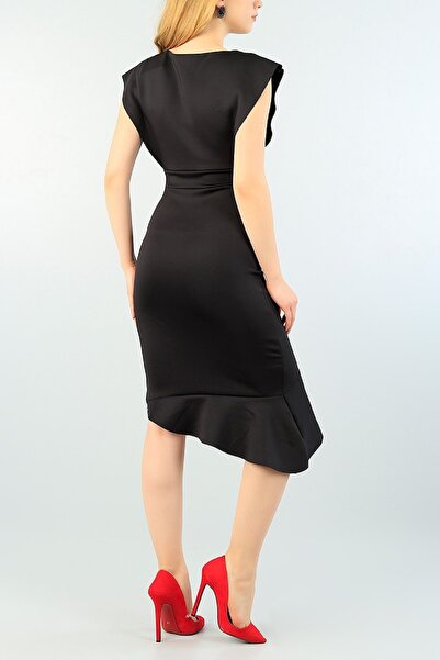 lovebox Rochie de seară de damă neagră cu volan cu guler dublu Emr-095