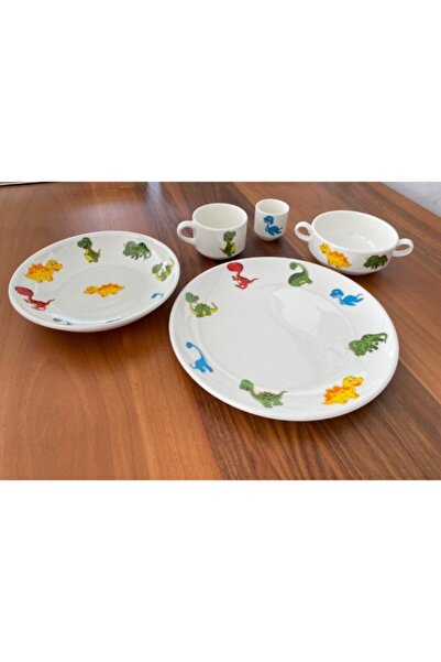 TEBAK COLLECTION 5 Parça Dinazorlar Desenli Porselen Çocuk Yemek Takımı