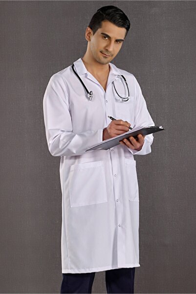 ÇİZGİ MEDİKAL Beyaz Erkek Doktor Klasik Yaka Vizit Önlüğü ( Alpaka Kalın Kumaş)