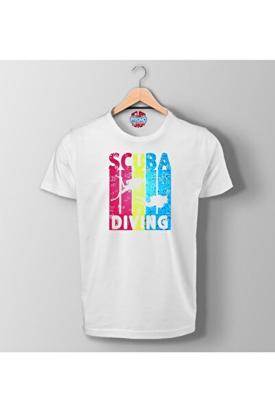 SCUBAPROMO تي شيرت أبيض مطبوع بألوان الغوص تحت الماء