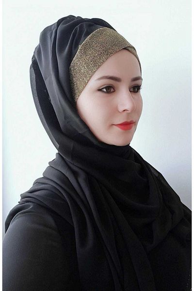 BAV Butik Ayvitrin Women's Hijab Single Strap Glittered Ready Trend Shawl Black Gold