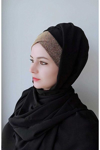 BAV Butik Ayvitrin Women's Hijab Single Strap Glittered Ready Trend Shawl Black Gold