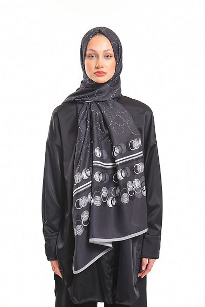 19V69 ITALIA Şal negru cu model geometric Seria Pavia cu agatator pentru eşarfe şi set cadou 75x200 cm