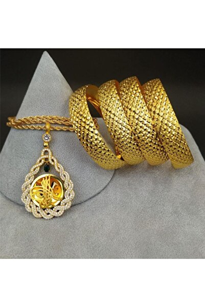 barisiva gold 22 Ayar Altın Kaplama Kadın 4 Adet 2 Cm Bilezik 1 Adet Kolye Set