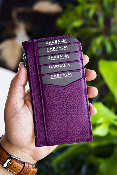 Garbalia Blush Hakiki Deri Fermuarlı Mürdüm Unisex Kartlık Cüzdan