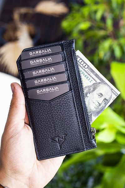 Garbalia Unisex Black Genuine Leather Zippered Card Holder Wallet