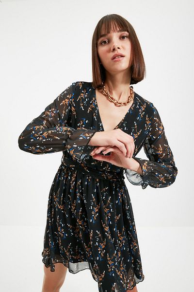 Trendyol Collection Мини тъкана рокля с черен колан и щампа на талията с отваряща се подплата TWOSS20EL0626