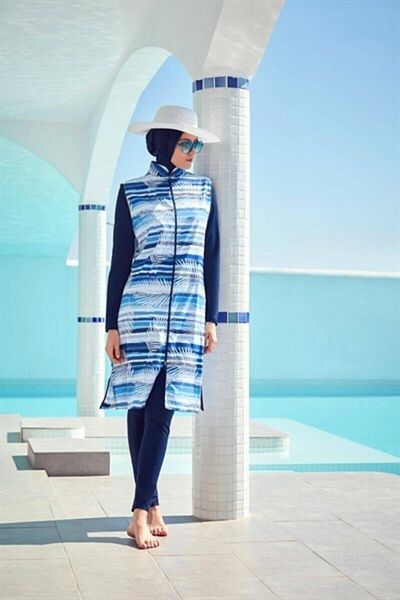 Haşema Striped Palm Tree Patterned Navy Blue Hijab Swimsuit