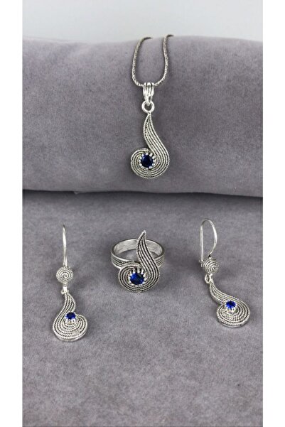 BEY SİLVER Telkari Safir Taşlı Su Damlası Gümüş Kadın Set
