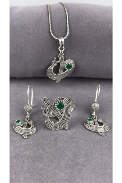 BEY SİLVER Telkari Zümrüt Taşlı Elif Vav Gümüş Kadın Kolye