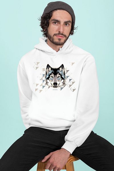 ROCKANDROLL Men's White Geometric Wolf Hooded Sweatshirt