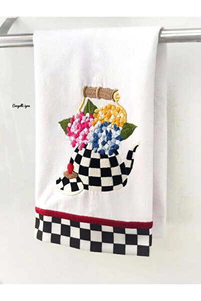 Çengelli İğne Ortanca Desenli Patlı Beyaz Fırın Örtüsü