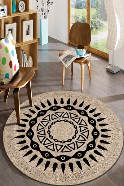 Modern home Siyah Etnik Desenli Yuvarlak Halı Dijital Baskı Deri Kaymaz Taban...