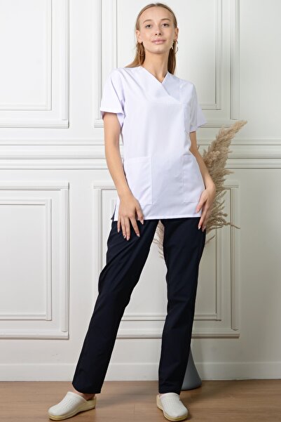 ModaCanel Moda Canel Guler plic Asistenta Doctor Jacheta alba Pantaloni bleum...