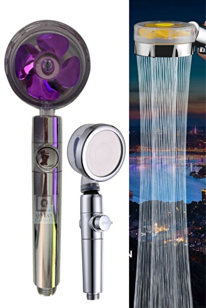 QNİAY Turbo Duş Başlığı Basınçlı Yağmurlama Stop Düğmeli Mor Pervaneli Su Tas...