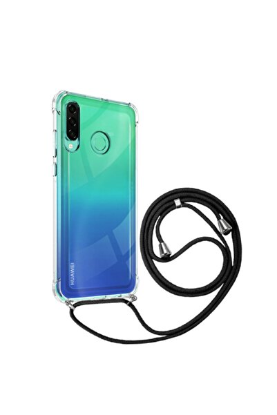 Molly Huawei P40 Lite E Uyumlu Siyah Boyun Askılı Ipli Şeffaf Silikon Kılıf