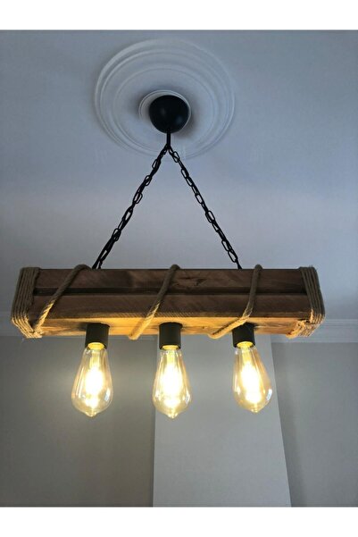 Genel Markalar Kahverengi ahşap kütük detaylı üçlü avize şık ve doğal aydınlatma seçeneği