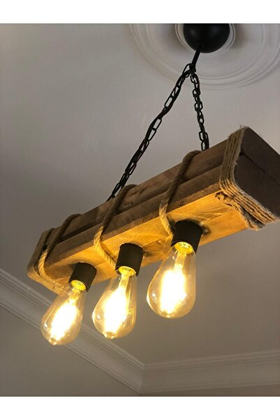 Genel Markalar Kahverengi ahşap kütük detaylı üçlü avize şık ve doğal aydınlatma seçeneği