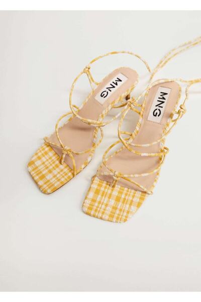 MANGO Woman Dámské žluté kostkované páskové sandály Vichy