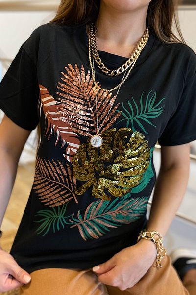 FEMELLE Tricou de damă din bumbac brodat cu paiete și model de frunze negre