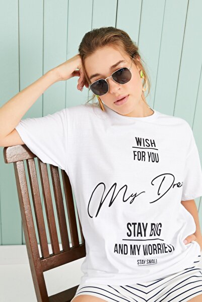 Bipantolon Дамска бяла тениска с принт „My Dream“ в голям размер