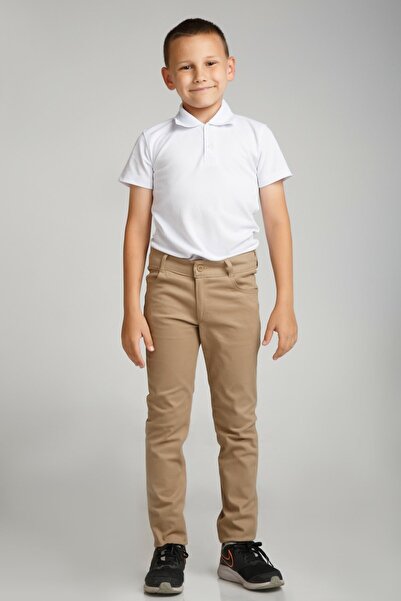 Nacar Spor Model Bej Likralı Canvas Okul Pantolon (Gizli Bel Lastikli)