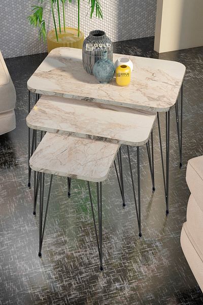 GOLDFALEZ KR Efes Wire 3-Piece Nesting Side Tables - Modern Metal Frame Coffee Table Set