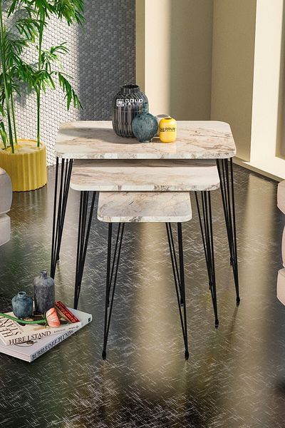 GOLDFALEZ KR Efes Wire 3-Piece Nesting Side Tables - Modern Metal Frame Coffee Table Set