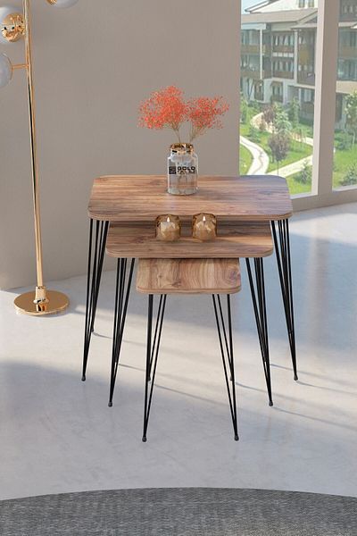 GOLDFALEZ KR Efes Wire 3-Piece Nesting Side Tables - Modern Metal Frame Coffee Table Set