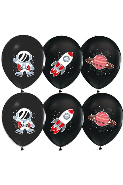 Parti dolabı 12 Pack Space Themed Latex Black Balloon Astronaut in Space Cosmic Galaxy Printed 12" (30 Cm)