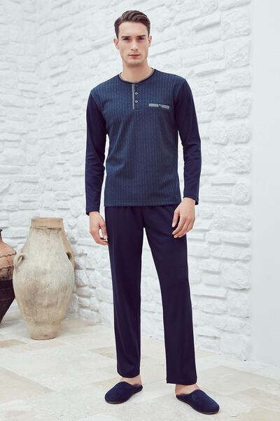 Eros 29060 Interlok O Patlı Önü Jakarlı Uzun Kol Erkek Pijama Takımı Lacivert