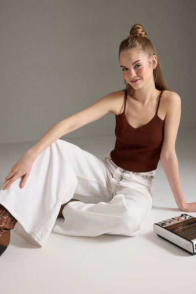 Trendyol Collection Bluzka z dzianiny w paski w kolorze ceglanym TWOSS24BZ00147