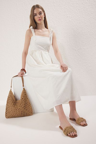 TRENDYOL SHOES Camel Knitted Women Straw Slippers Takss25Te00030