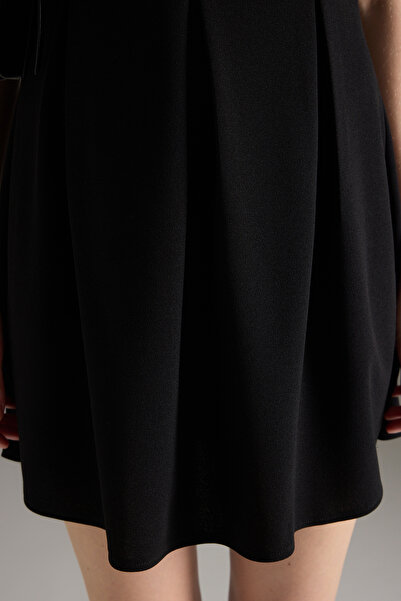 Trendyol Collection Black Strappy V-Neck Skater/Waistband Peplum/Godel Mini Knitted Dress Twoss25El00793