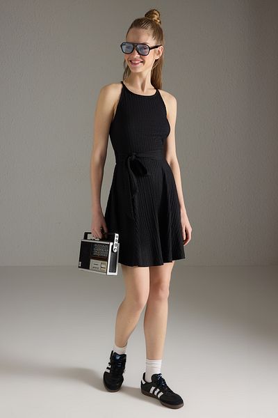 Trendyol Collection Black Textured Strap Tie - Skater/Waist Opening Mini Knitted Dress