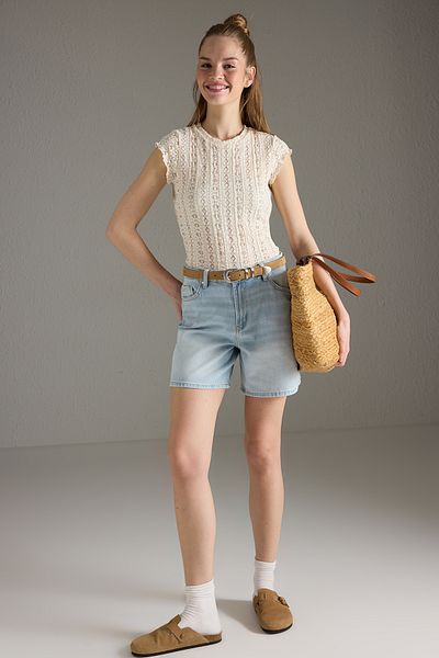 Trendyol Collection Light Blue Normal Waist Denim Bermuda Twoss25Sr00180