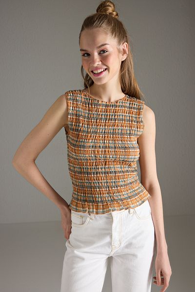 Trendyol Collection Multicolored Abstract Printed Wraparound Fitted/Fitted Gimped Stretchy Knitted Blouse Twoss25Bz00464