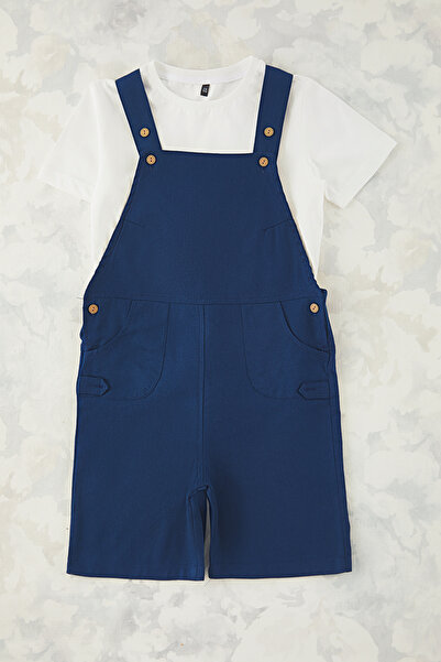 TRENDYOLKIDS Navy Blue 3-Piece Girl's Cotton Hat Salopet