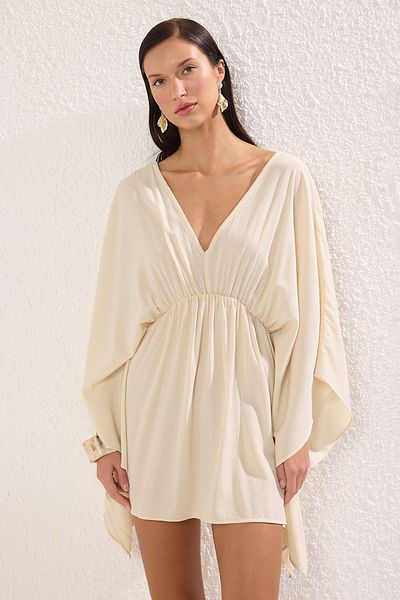 Trendyol Collection Ecru Oversize Midi tkané plážové šaty ze 100% bavlny TBESS25EL00127