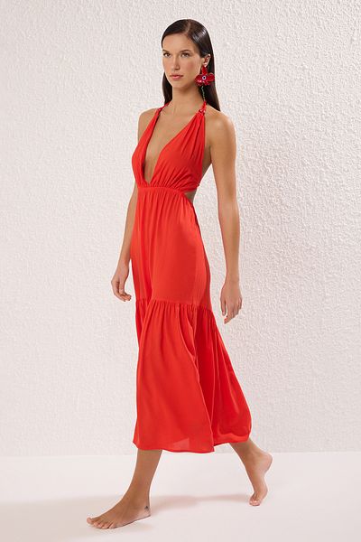 Trendyol Collection Red Maxi Woven Accessory Beach Dress Tbess25El00081