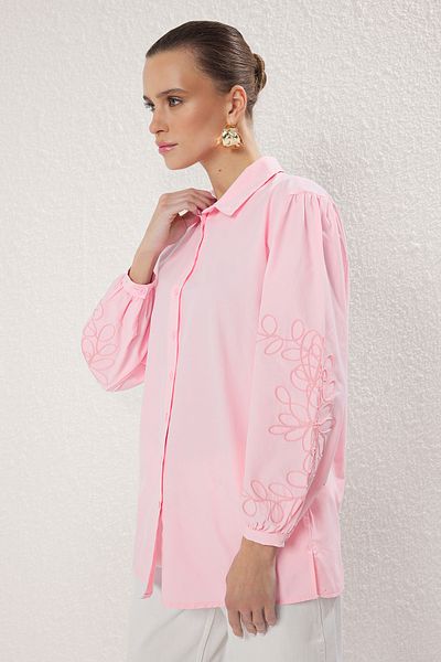Trendyol Modest Pink Oversize Cotton Woven Shirt with Embroidery Detail on Sleeves Tctss25Tg00024