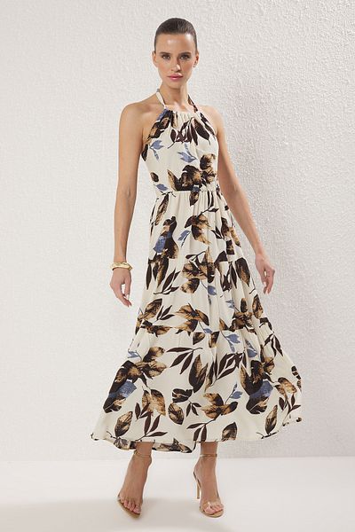 Trendyol Collection Khaki Floral Skirt Waist Opening Chiffon Woven Maxi Flight Flight Dress Twoss25El00700