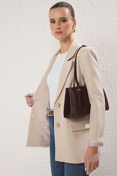 Trendyol Modest Μπουφάν με ριγέ υφαντό μπεζ εσωτερική επένδυση TCTSS25CK00006