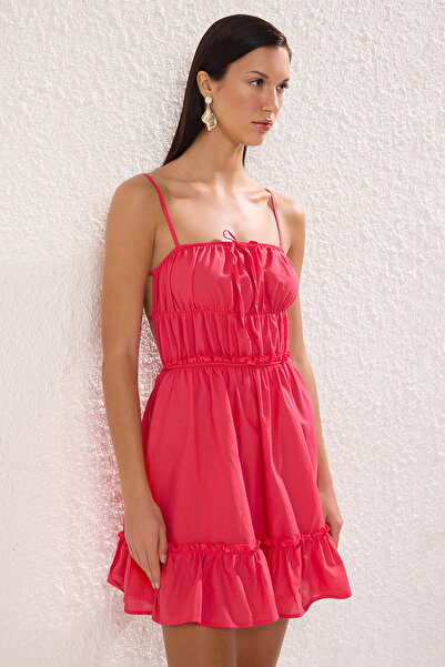 Trendyol Collection Μίνι φόρεμα παραλίας από 100% βαμβάκι με ροζ υφαντό βολάν TBESS25EL00120