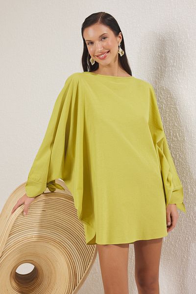 Trendyol Collection Oil Green Mini Woven Tie-Up 100% Cotton Beach Dress Tbess25El00040