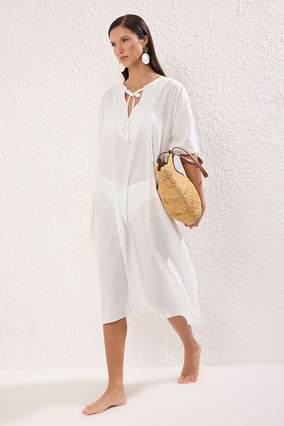 Trendyol Collection Ecru Maxi Woven Bat Sleeve 100% Cotton Beach Dress Tbess25El00057