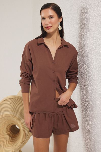 Trendyol Collection Комплект къси панталони от кафява тъкана пламъчна памучна риза TBESS25AU00071