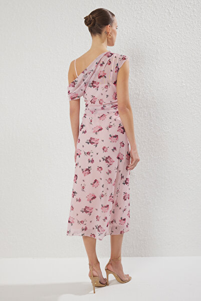 Trendyol Collection Pink Floral Midi Floral Tulle Fuzzy Top Dress Twoss25El00104