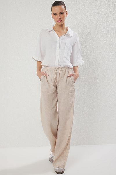 Trendyol Collection Stone Linen Look Wide Leg Woven Pants with Binding Detail Twoss25Pl00109