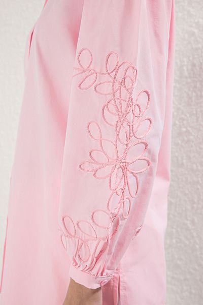 Trendyol Modest Pink Oversize Cotton Woven Shirt with Embroidery Detail on Sleeves Tctss25Tg00024